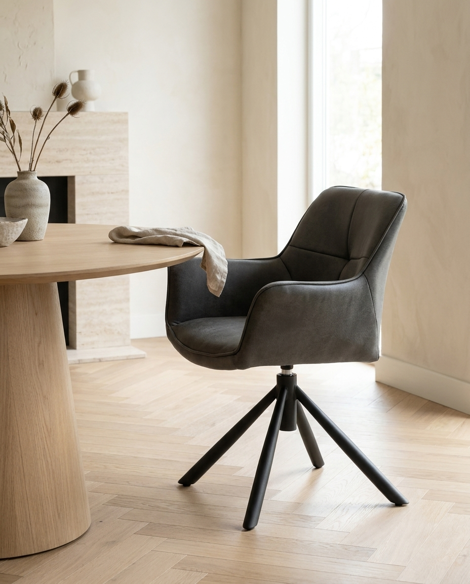 Eetkamerstoel Rapid Microleder Antraciet sfeerfoto in lichte eetkamer met eikenhouten visgraatvloer en travertijnen tafel